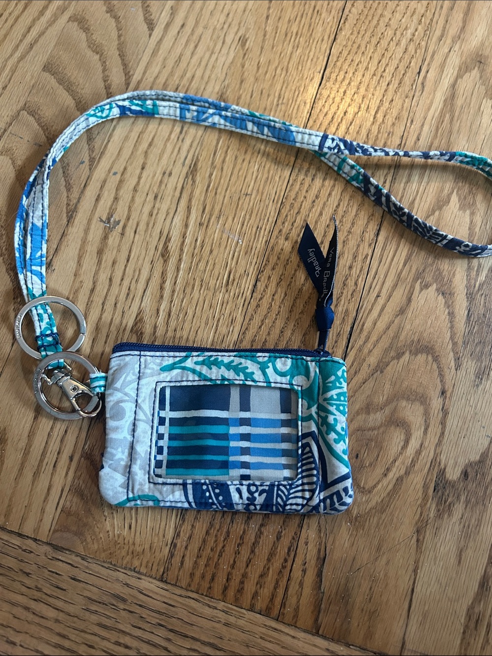 Vera Bradley Blue and Teal Patterned Lanyard ID Wallet with Keyring